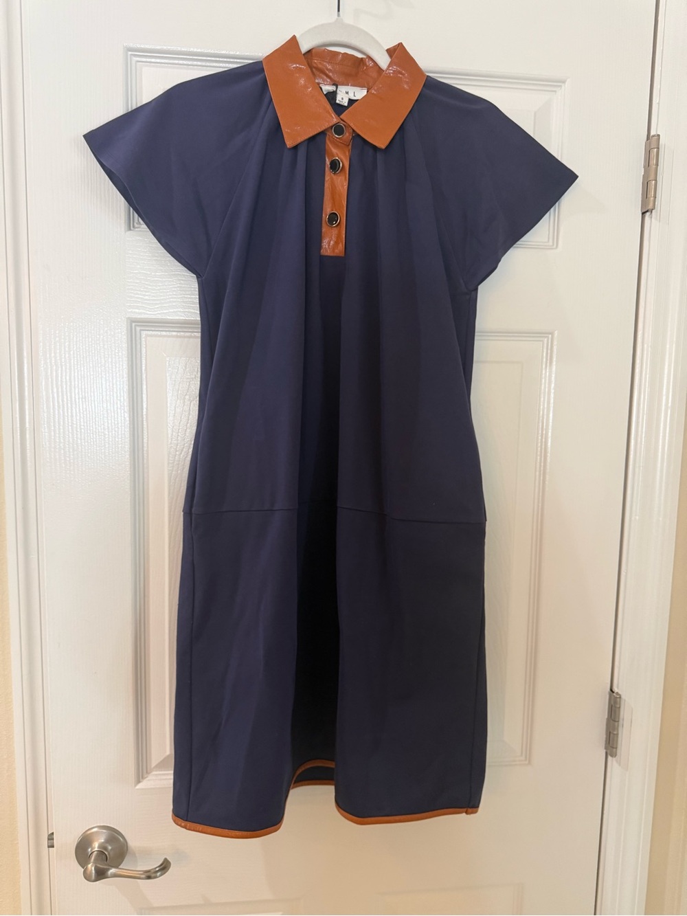 Anthropologie THML Navy Midi Dress with Brown Faux-Leather Collar & Trim